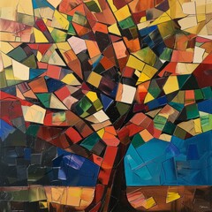 A colorful tree made of many different colored pieces of paper