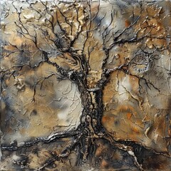 A tree with brown and gold branches is painted on a canvas