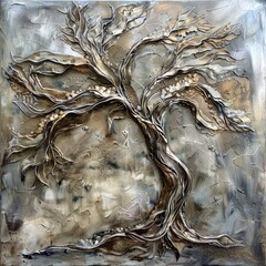 A tree made of metal and wire is the main focus of this painting