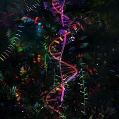 A colorful DNA strand is shown in a dark background