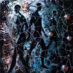 A painting of three people walking through a web of lines