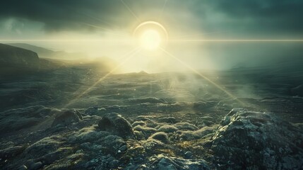 A hauntingly beautiful dreamscape bathed in ethereal light with a subtle lens flare - obrazy, fototapety, plakaty