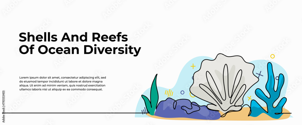 Poster vector illustration of reefs ocean diversity . modern flat in continuous line style.