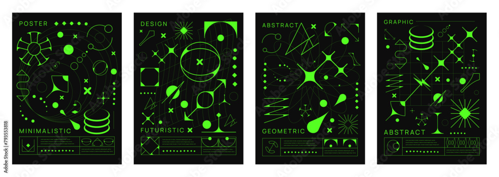 Poster acid brutal y2k posters, abstract geometric shapes. vector vertical backgrounds with glow, vivid gre