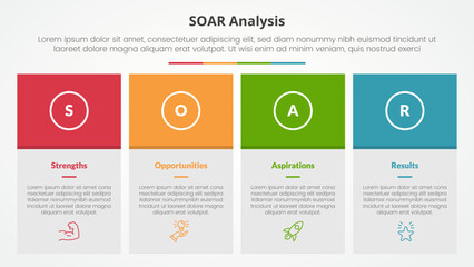 SOAR analysis infographic concept for slide presentation with big box table and colorfull header with 4 point list with flat style
