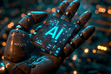 Fototapeta na wymiar cyborg hand holding AI chip with digital effect