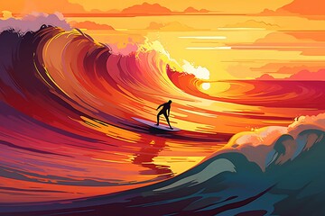 A silhouette of a surfer rides a towering wave at sunset, captured in a vibrant, stylized vector illustration. Generative AI