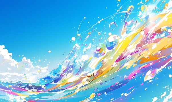 vibrant anime style image of colorful water splashes