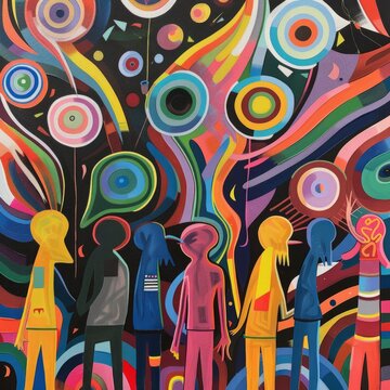 A colorful painting of people with a lot of circles and a lot of colors