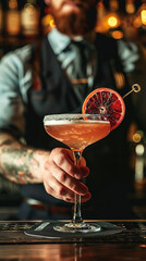 Bartender offers a cocktail with a twist of blood orange in a moody bar.