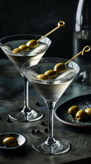 Elegant martini glasses with olives on a skewer, classy bar setting.