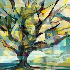 A tree with many branches and leaves is the main focus of this colorful - obrazy, fototapety, plakaty