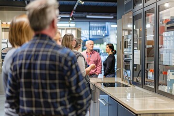 Obraz premium Professional Photography of guests observing product demonstrations and presentations at a showroom as part of a work tour, Generative AI