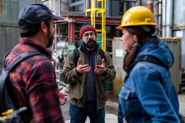 Fototapeta premium Professional Photography of tour guides discussing safety protocols and procedures with visitors before entering a production facility, Generative AI