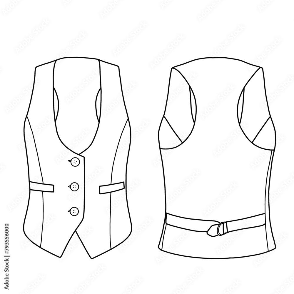 Wall mural Round neckline waistcoat vest sleeveless jacket with button and double pocket. Vector technical sketch. Mockup template. - Wall murals