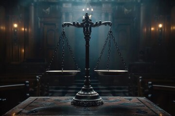 Classic Scales of Justice Centered in Courtroom