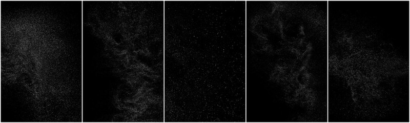 White grainy texture. Abstract dust overlay. Grain noise. White explosion on black background. Splash realistic effect. Set vector illustration, EPS 10.   - 793556078