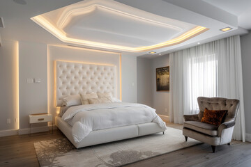 White master bedroom with an avant-garde suspended ceiling design, indirect lighting, and a plush velvet armchair.