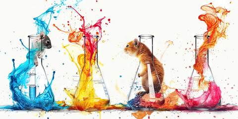 Chemical Reaction: The Animal in Beaker and Chemical Environment - Visualize an animal in a beaker, symbolizing its exposure to chemical substances in experiments