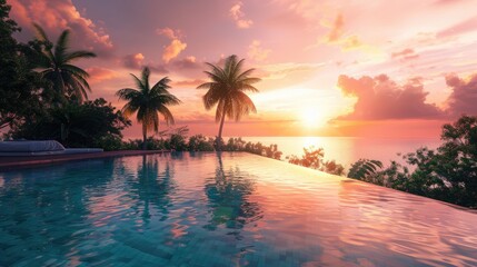 3D infinity pool edge overlooking a tropical sunset