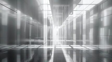 A 3D maze of reflective silver walls under a minimalist sky