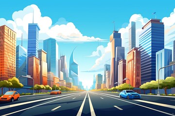 Digital art of a cityscape with soft light, showcasing skyscrapers under a clear blue sky. Generative AI