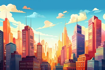Stylized illustration of a city skyline at sunset with vibrant colors and elongated shadows. Generative AI