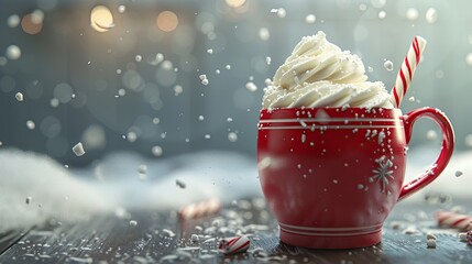 3D hot chocolate mug with whipped cream and a peppermint stick - obrazy, fototapety, plakaty