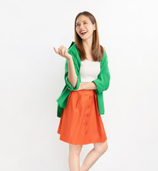 Cheerful beautiful Asian women wear colorful clothes and show hands with open palms to the side isolated on white background.