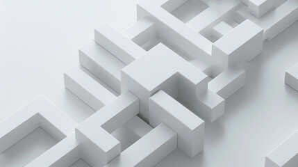 A minimalist 3D abstract of interlocking white cubes on a light gray background, focusing on shadows and spatial relationships.