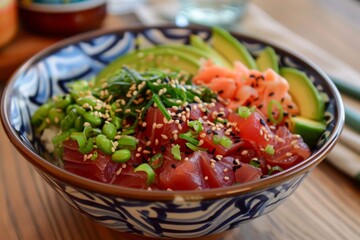 Colorful poke bowls with fresh tuna, avocado and sesame seeds