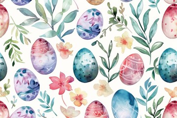 Fototapeta na wymiar Watercolor Easter pattern with floral eggs and spring flowers