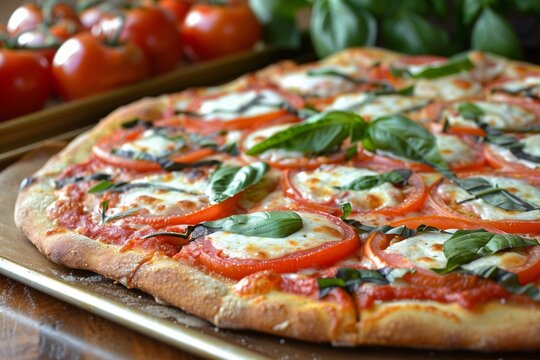 Margherita Pizza with Melted Mozzarella and Fresh Basil and ripe tomatoes