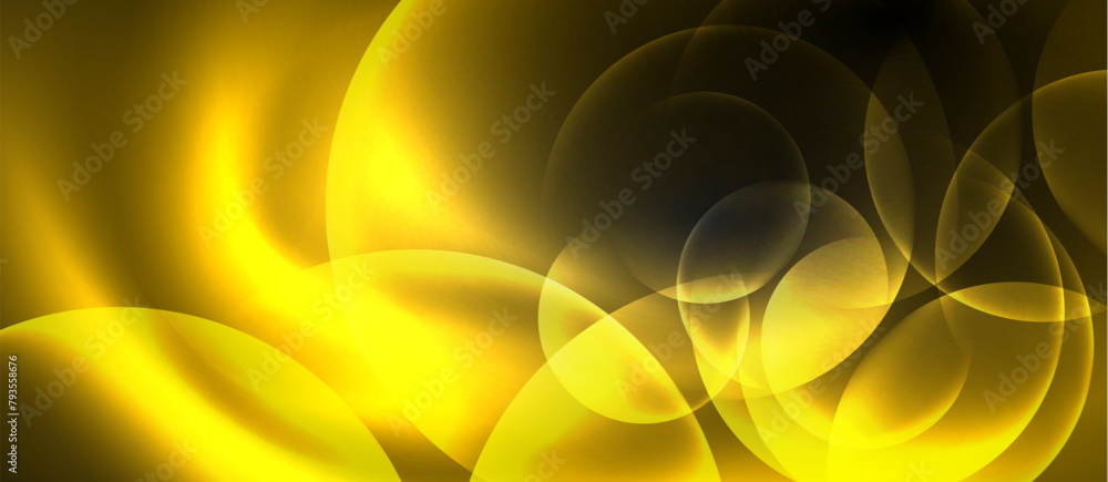 Poster an artistic amber and black liquid pattern with circles and leaves on a yellow background. the symme