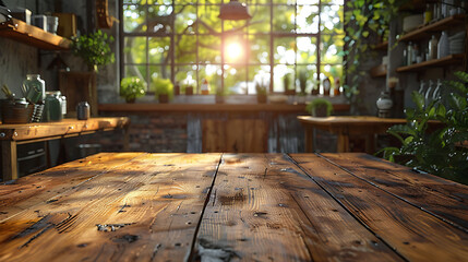 an empty wooden table with a blurred kitchen bench background.