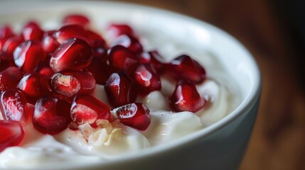 Close up of pomegranate seeds topped homemade yogurt