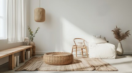 Modern scandinavian living room with design furniture, comfortable apartment. Stylish decor. Bright and sunny side of home space.