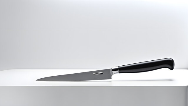 A knife is laying on a table. The knife is sharp and has a black handle
