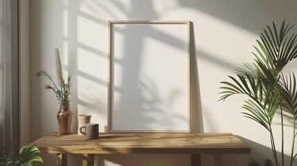 Scandinavian Style Interior with Blank White Frame: Minimalistic Home Decor on a Wooden Table