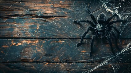 Scary Spider on Wooden Background: Halloween Horror Concept with Spooky Autumn Decor and Cobweb