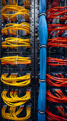 Symmetrical Array of RJ45 Patch Panels Mounted in a Server Rack Illuminated by Vibrant Ethernet Cables