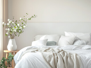 Bedroom in neutral tones and minimal decor bathed with natural light coming from a window. Interior design chic bedroom composition.