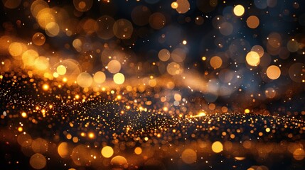 abstract  golden particles bokeh on blue background, golden glitters abstract particles background, holiday event, 