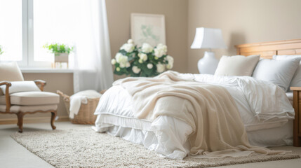 Fototapeta premium Bedroom in neutral tones and minimal decor bathed with natural light coming from a window. Interior design chic bedroom composition.
