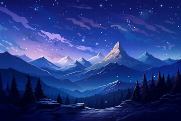 Enchanting night landscape with a full moon casting its glow over snowy mountain peaks and a pine forest. Generative AI - obrazy, fototapety, plakaty