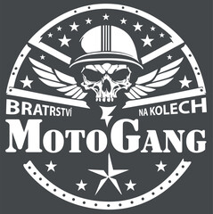 Skull with Helmet as Logo with Slogan - White Textile Print for Bikers as Illustration Isolated on Gray Background, Vector