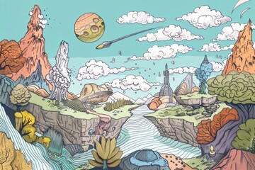 Cartoon cute doodles of surreal landscapes that defy gravity and perspective, Generative AI