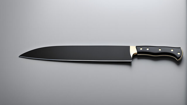 A black knife with a gold handle is shown in a close up. The knife is sharp and has a shiny appearance