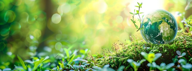 Green planet earth with green leaves on moss over abstract blurred nature background, concept of environment and ecology. copy space for text banner - obrazy, fototapety, plakaty