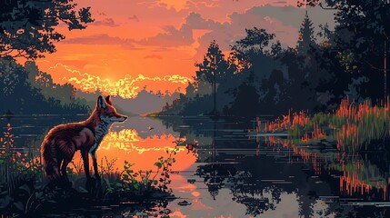 A fox is standing on the edge of a lake, looking out at the sunset - obrazy, fototapety, plakaty